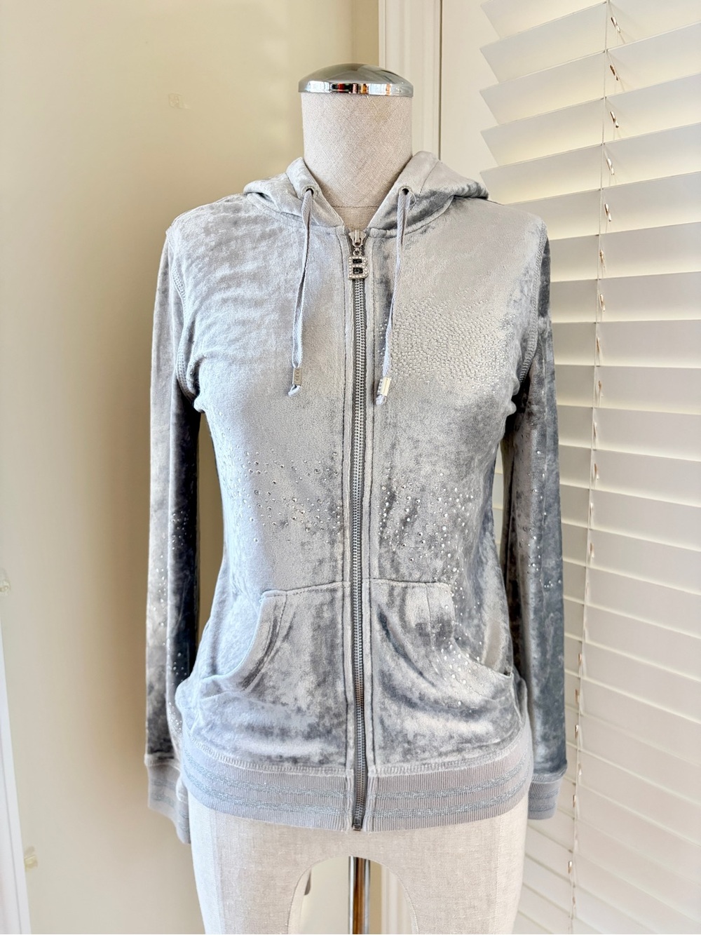 BCBGMAXAZRIA Velour Rhinestone Zip Hoodie Jacket Grey Size S NWT $140